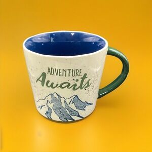 Coffee Mug Large 'Adventure Awaits' Mountains Blue Interior Green Handle 4" Tall